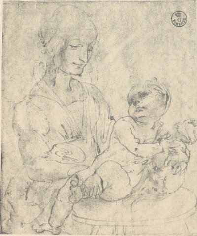 Die Jungfrau mit dem Kind, das ein Kätzchen streichelt, Zeichnung von Leonardo da Vinci, aufbewahrt in der Galerie der Uffizien von Leonardo da Vinci